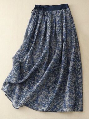 Navy Blue Floral Maxi Skirt with Elastic Waist